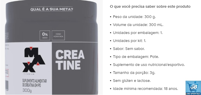 Creatina 300 Gr - Max Titanium Pro2 Destaca-se Imagem da Tabela de Informativa da Creatina 300 Gr - Max Titanium