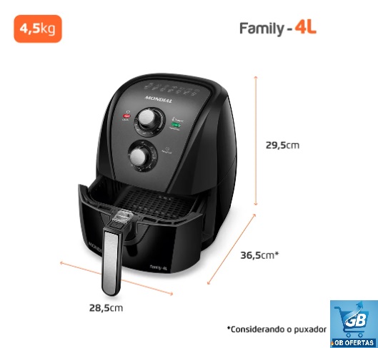 Fritadeira sem óleo air fryer 4L Mondial 1500W AFN-40-BFT Pro1 Destaca-se Imagem das Medidas da Fritadeira sem óleo air fryer 4L Mondial 1500W AFN-40-BFT