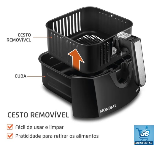 Fritadeira sem óleo air fryer 4L Mondial 1500W AFN-40-BFT Pro2 Destaca-se Imagem Destacando o Cesto Removível da Fritadeira sem óleo air fryer 4L Mondial 1500W AFN-40-BFT
