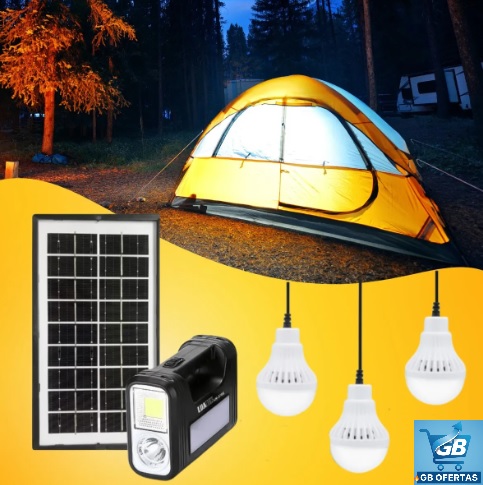Destaca-se Imagem do Uso do Kit Sistema Solar Painel Led A Bateria + 3 Lampadas Portatil em Acampamento