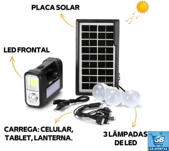 Destaca-se Imagem dos Detalhes do Kit Sistema Solar Painel Led A Bateria + 3 Lampada Portátil
