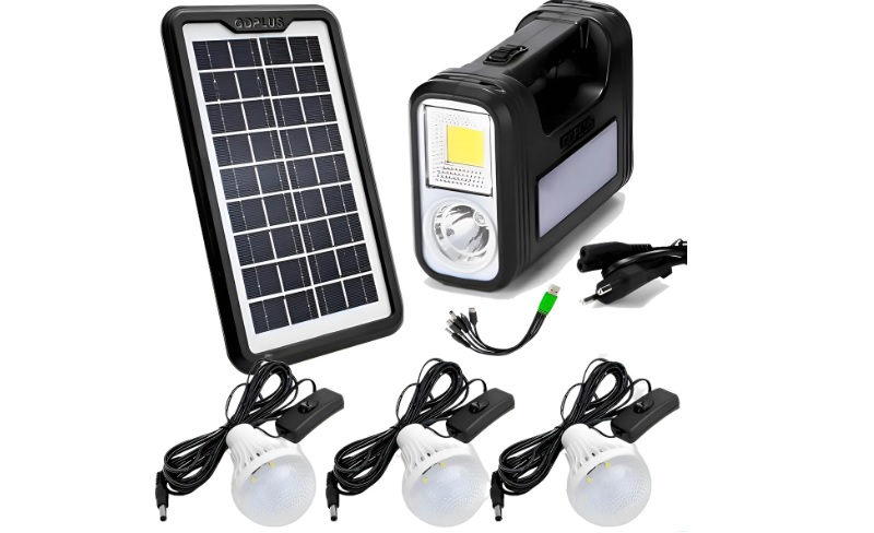 Kit Sistema Solar Painel Led A Bateria + 3 Lampadas Portatil Preto 220v 110v