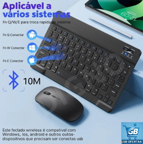 Destaca-se na Imagem a Conectividade do Kit Teclado E Mouse Sem Fio Recarregavel Wireless Bluetooth
