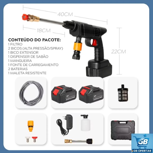 Lavadora Lava Jato Portátil Pressão 2 Baterias Pro3 Destaca-se Imagem dos Itens da Lavadora Lava Jato Portátil Pressão 2 Baterias + Maleta Preto