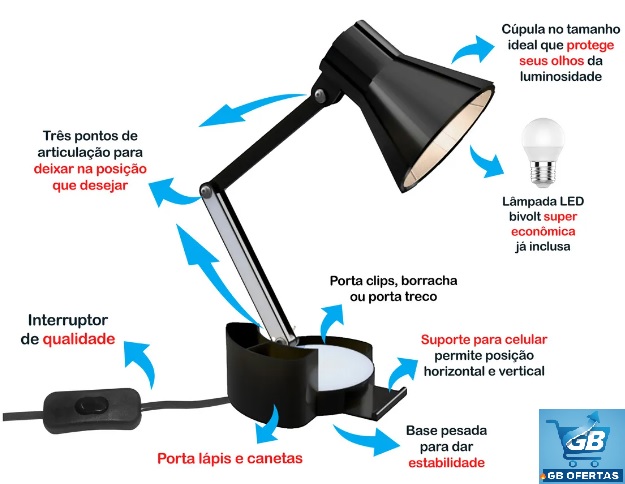 Destaca-se Funções da Luminária Articulável com Porta Lápis, Caneta E Suporte de Celular