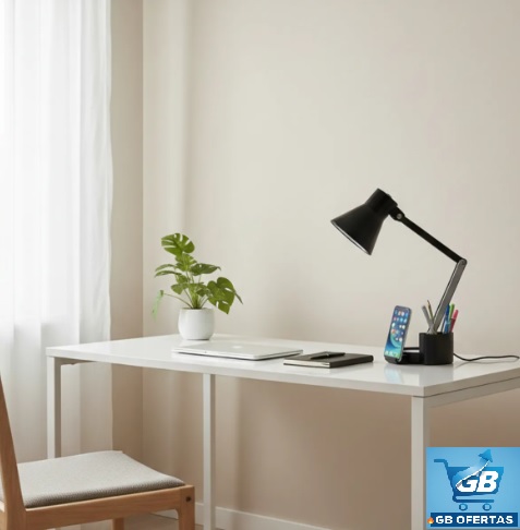 Destaca-se a Luminária Articulável com Porta Lápis, Caneta E Suporte de Celular Na Mesa Lateralmente