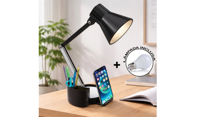 Luminária Articulável com Porta Lápis, Caneta E Suporte de Celular abajur articulado