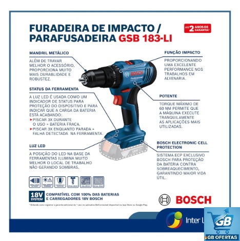 Destaca-se Imagem das Especificações da Parafusadeira Furadeira De Impacto 18v Gsb 180 Li Bosch