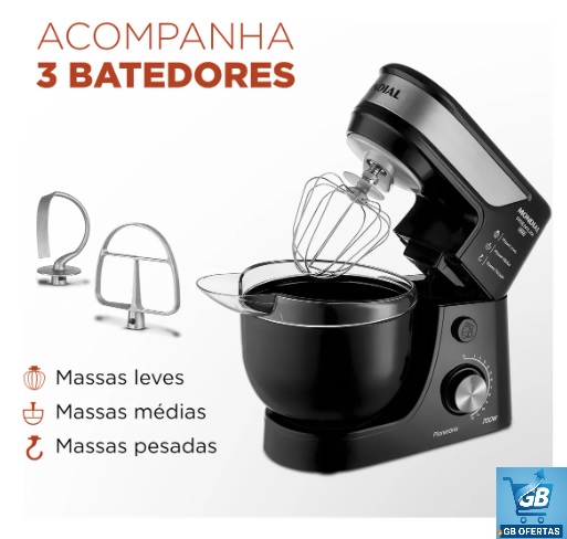 Batedeira Planetária, Mondial, 700W - BP-01P-B Pro3 Destaca-se Imagem Mostrando os Itens da Batedeira Planetária Mondial 700W - BP-01P-B