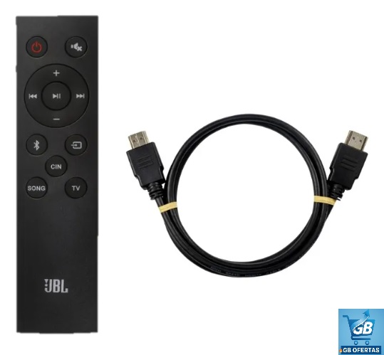 Caixa De Som Tv Sound Bar Jbl Bluetooth Som Cinema Sb180 Pro3 Destaca-se Imagem do Controle e Cabo HDMI da Caixa De Som Tv Sound Bar Jbl Bluetooth Som Cinema Sb180