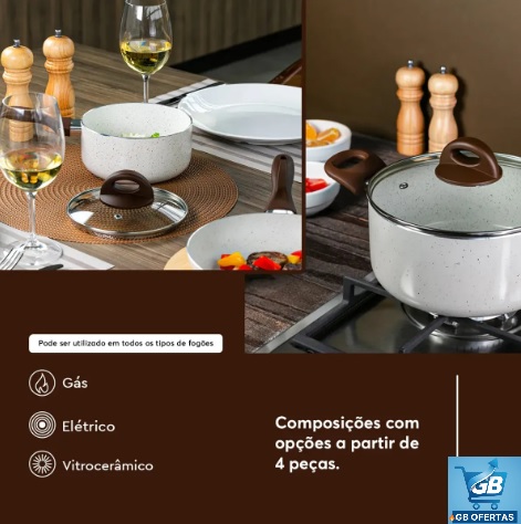 Destaca-se Imagem Ilustrativa e Descritiva do Conjunto de Panelas 8 Peças Ceramic Life Smart Plus Vanilla - Brinox