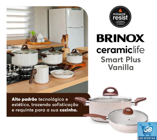 Destaca-se Imagem Ilustrativa e Descritiva do Conjunto de Panelas 8 Peças Ceramic Life Smart Plus Vanilla - Brinox Alto Padrão