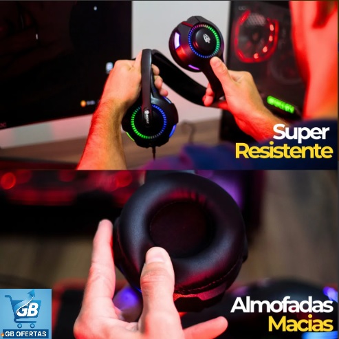 Destaca-se Imagem Ilustrativa da Resistência e Macies do Fone De Ouvido Headset Gamer Rgb Led Pc e Video Game