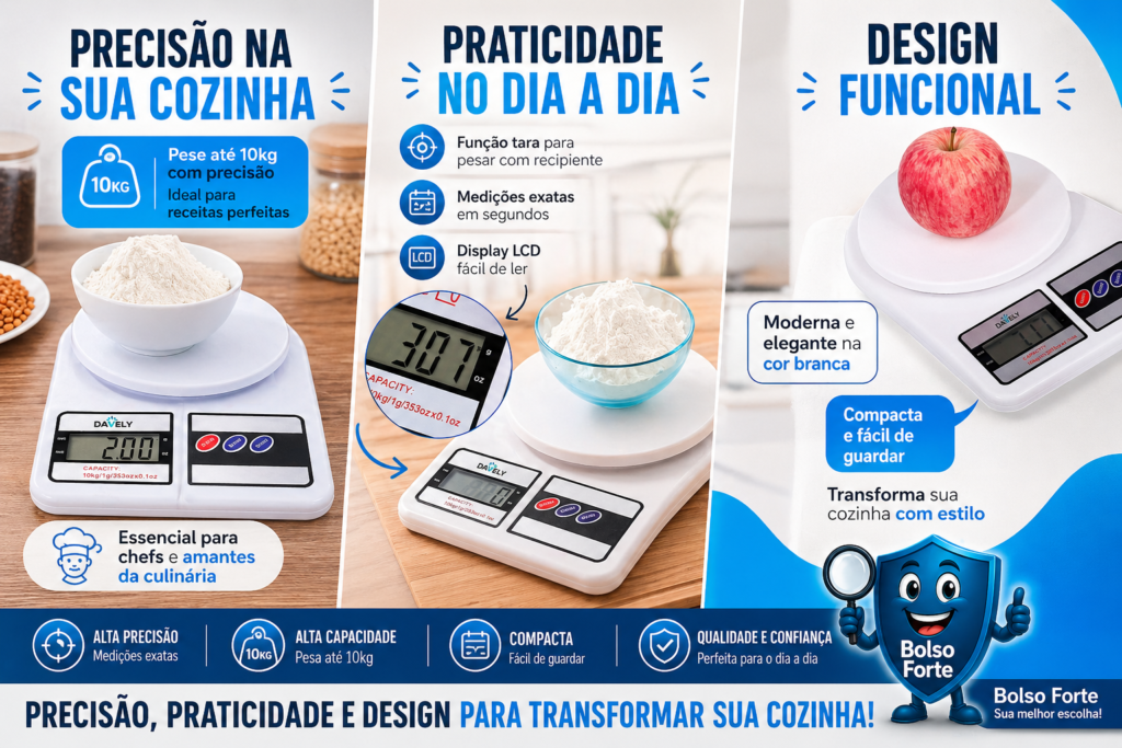 Destaca-se Imagem Ilustrativa e Detalhada da Balança Digital De Precisão 10kg Davely Cook Domestico E Profissional