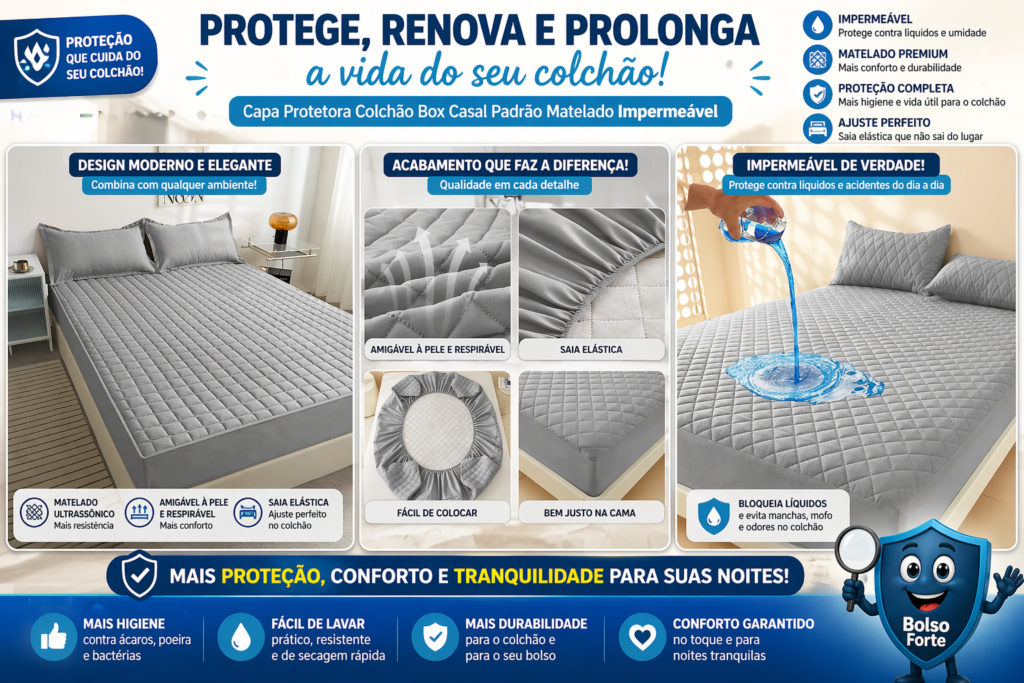 Destaca -se Imagem Ilustrativa da Capa Protetora Colchão Box Casal Padrão Matelado Impermeável e Detalhes