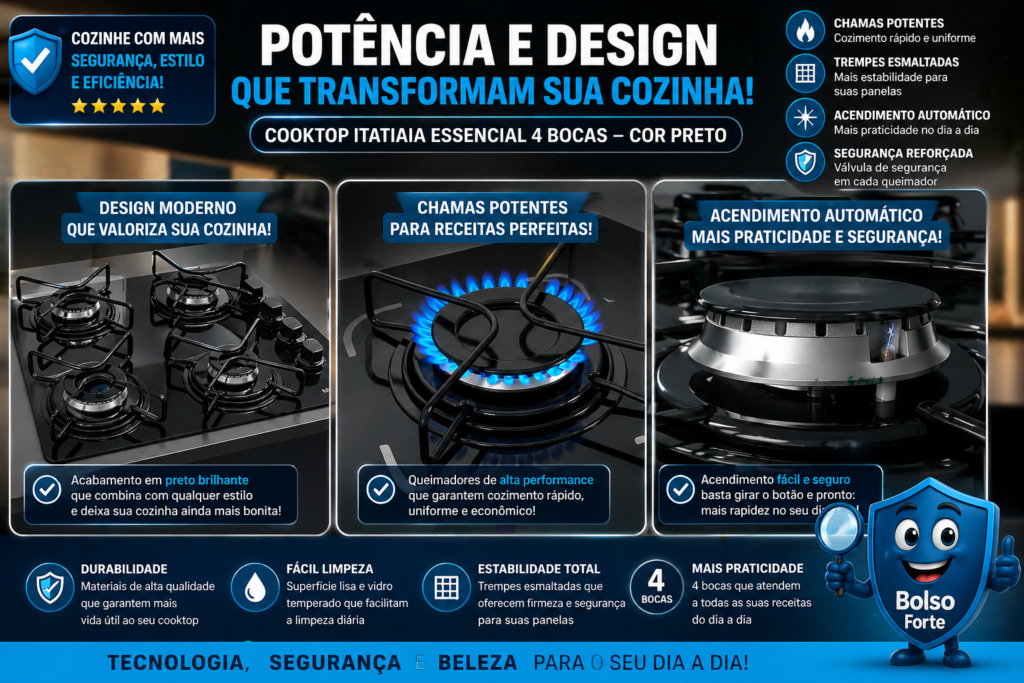 Destaca-se Imagem Ilustrativa e Detalhada do Cooktop Itatiaia Essencial 4 Bocas cor Preto