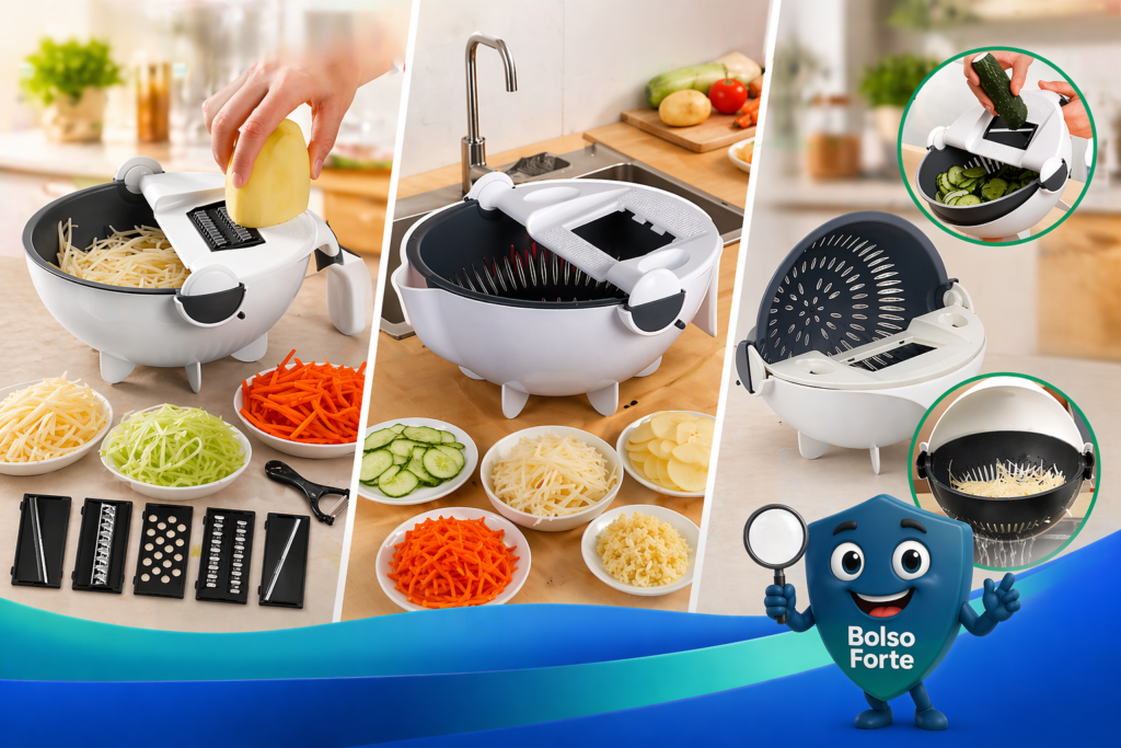 Destaca-se Imagem Ilustrativa do Cortador de Legumes 9 em 1 Sendo Utilizado no Dia a Dia