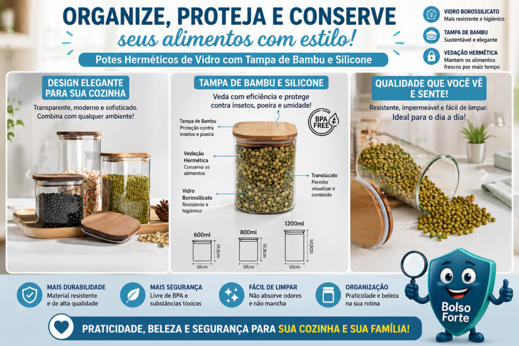 Destaca-se Imagem Ilustrativa e Demonstrativa do Kit 05 Potes Herméticos De Vidro Com Tampa De Bambu E Silicone da Olga Casa
