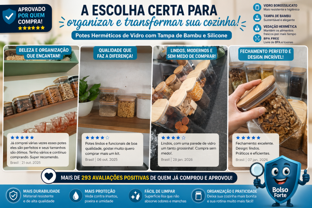 Destaca-se Imagens Enviadas e Comentadas por Compradores do Kit 05 Potes Herméticos De Vidro Com Tampa De Bambu E Silicone da Olga Casa