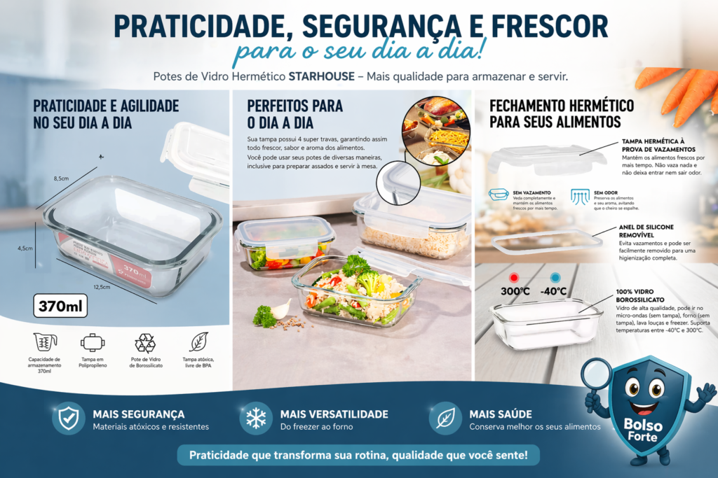 Destaca-se Imagem Ilustrativa do Kit 10 Potes Vidro 370ml Hermético Marmita Prática e Seus Detalhes