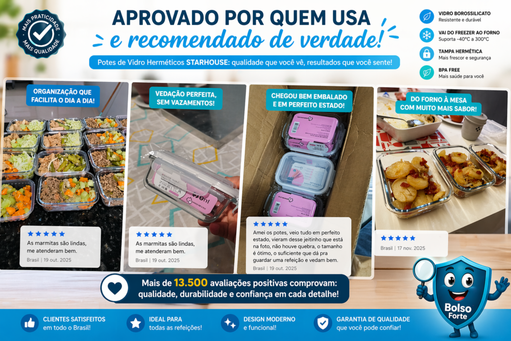 Destaca-se Imagem Enviada com Opniões Axexadas dos Compradores do Kit 10 Potes Vidro 370ml Hermético Marmita Após ser Entregue em Casa e ser Usada