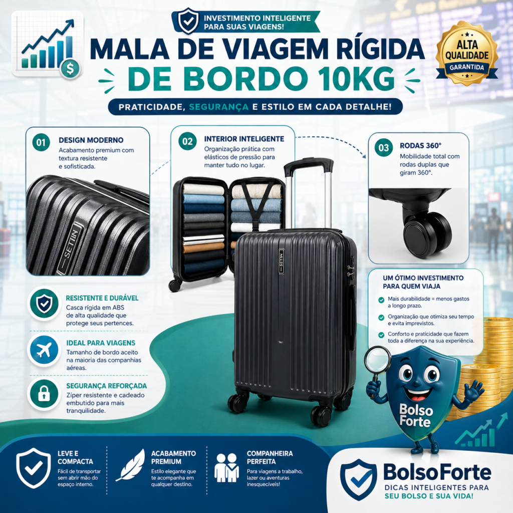 Destaca-se Imagem da Mala De Viagem Rígida De Bordo 10kg Rodas 360° Medidas Anac Após Recebimento do Produto