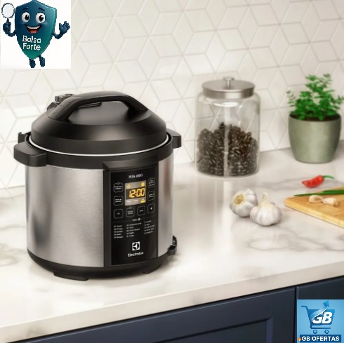 Panela de Pressão Elétrica Electrolux por Rita Lobo 6L Preta Experience Digital PCC20 Pro1 Destaca-se Imagem Ilustrativa da Panela de Pressão Elétrica Electrolux 6L na Cozinha