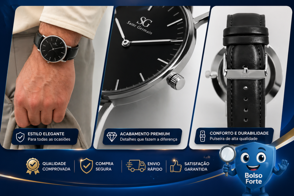 Destaca-se Imagem Ilustrativa do Relógio Masculino Saint Germain Murray de Quartzo em Uso e Detalhes