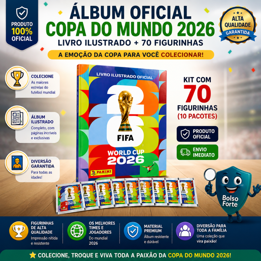 Destaca-se Imagem Ilustrativa e Detalhada do Álbum Oficial Copa Do Mundo 2026 Brochura + 70 Figurinhas
