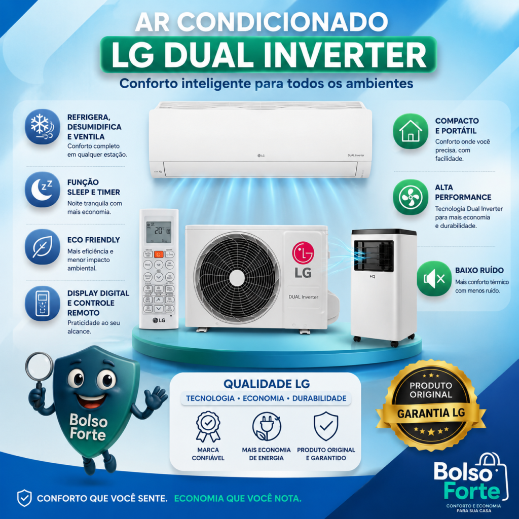 Destaca-se Imagem Ilustrativa e Detalhada do Ar Portátil e do LG Dual Inverter