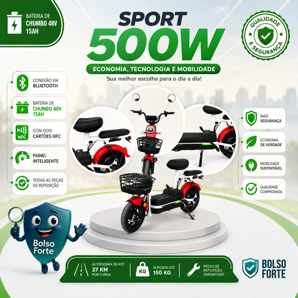 Destaca-se Imagem Ilustrativa e Detalhada da Bicicleta Elétrica Ecobikes Sport 500w Scooter