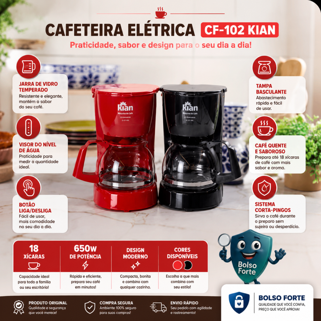 Destaca-se Imagem Ilustrativa e Detalhada da Cafeteira Elétrica Cf-102 Kian 650w