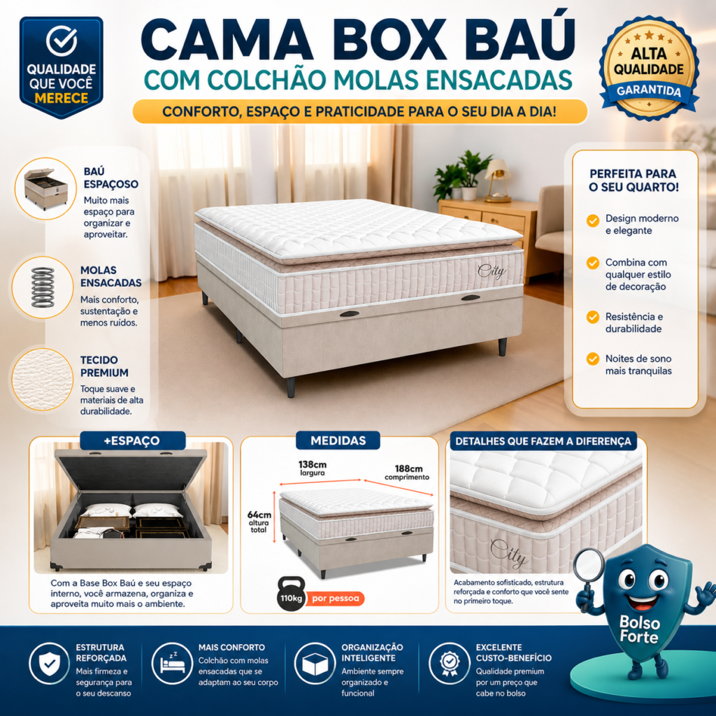 Destaca-se Imagem Ilustrativa e Funcional da Cama Box Baú Colchão Casal Molas Ensacadas City Pillow e seus Detalhes