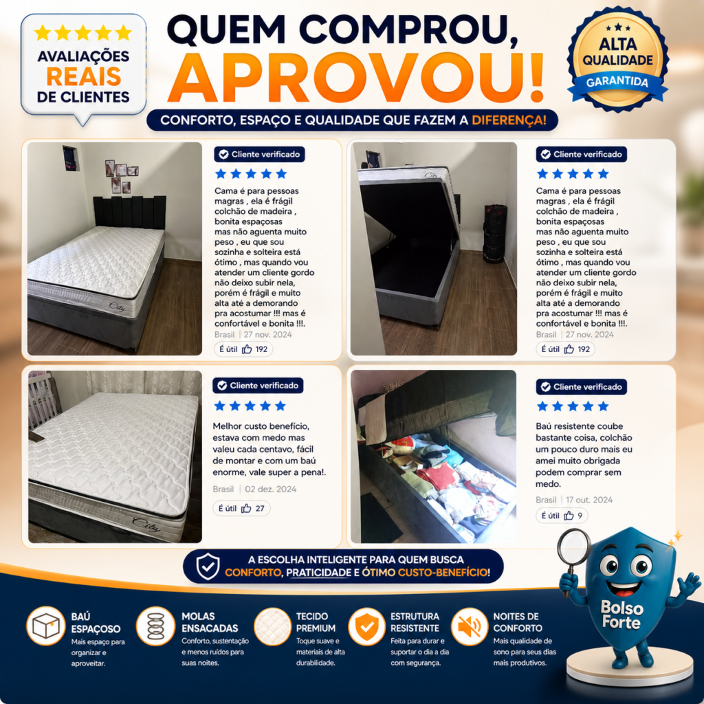 Destaca-se Imagem Enviada com Opniões por Compradores da Cama Box Baú Colchão Casal Molas Ensacadas City Pillow Após o Uso