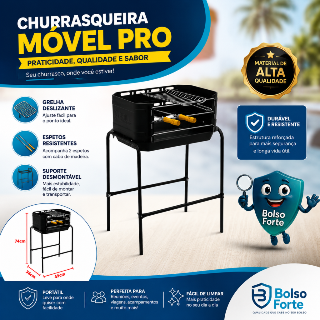 Destaca-se Imagem Ilustrativa e Detalhada do Churrasqueira Móvel Pro Tork De Aço Grill