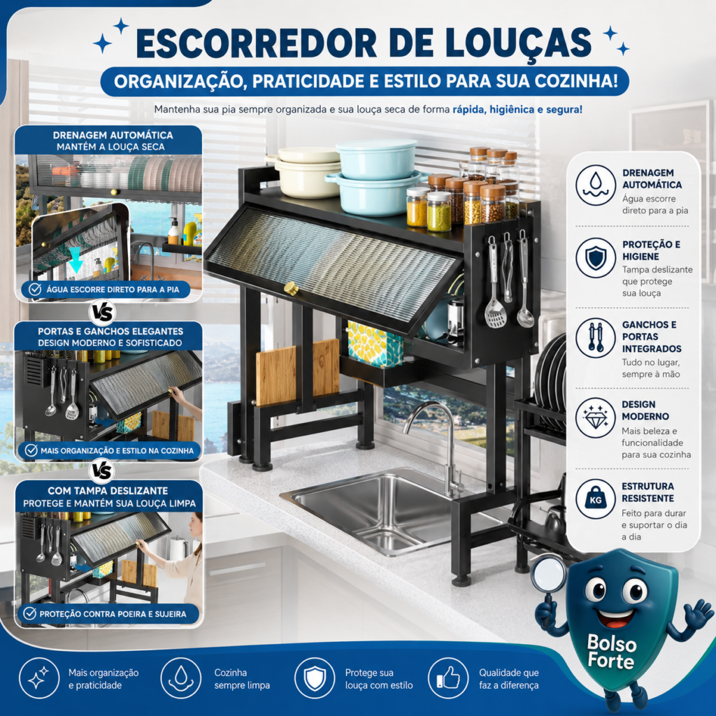 Destaca-se Imagem Ilustrativa e Detalhada do Escorredor de Louças e Organizador de Pia Suspenso com Armario de Cozinha