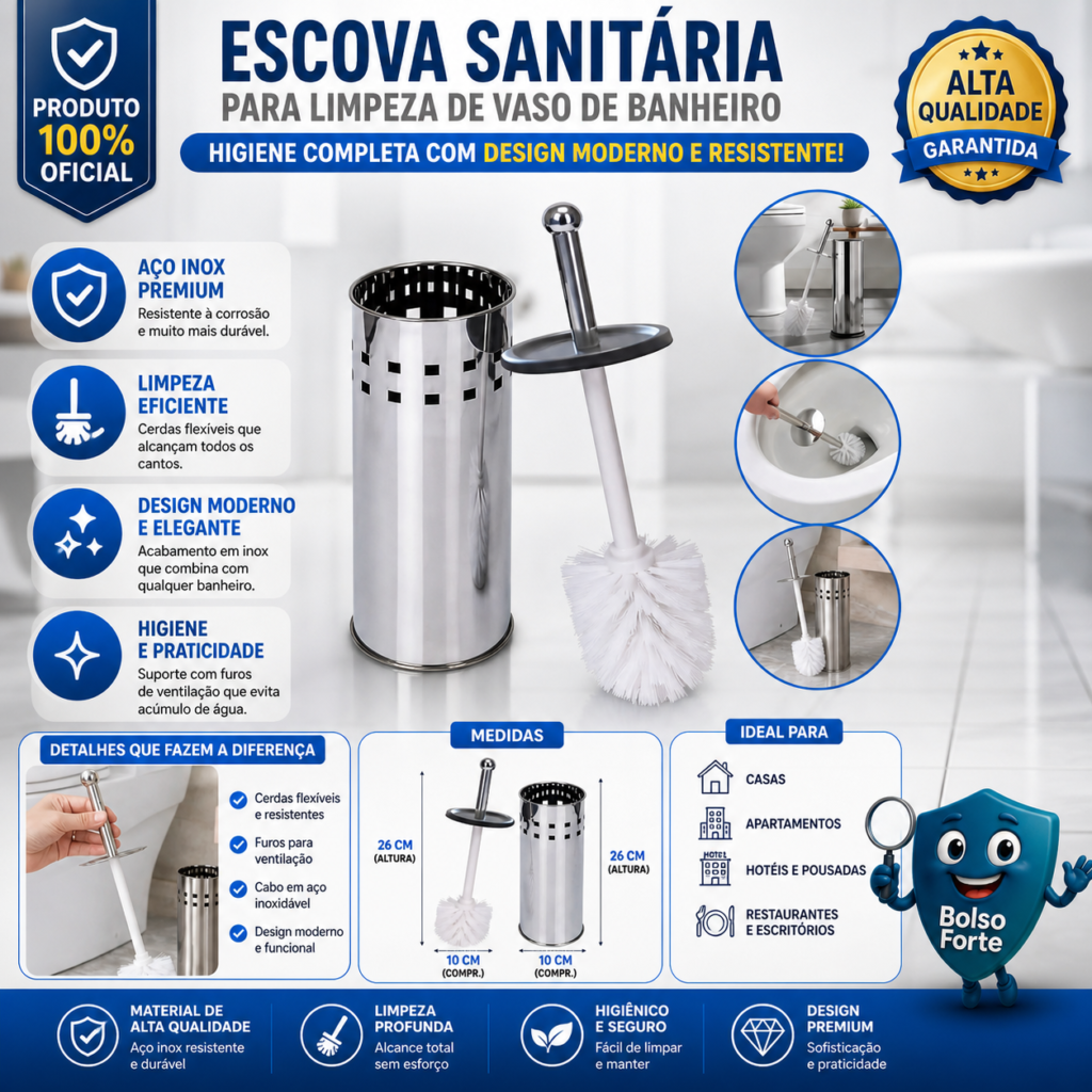 Destaca-se Imagem Ilustrativa e Descritiva da Escova Sanitária Para Limpeza de Vaso de Banheiro Aço Inox Clink