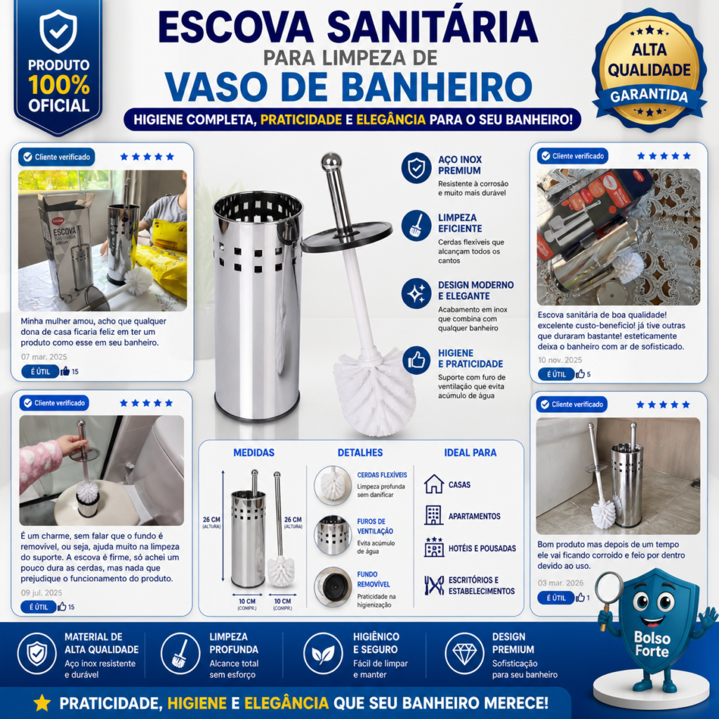 Destaca-se Imagem Enviada e Avaliada por Compradores da Escova Sanitária Para Limpeza de Vaso de Banheiro Aço Inox Clink em Uso