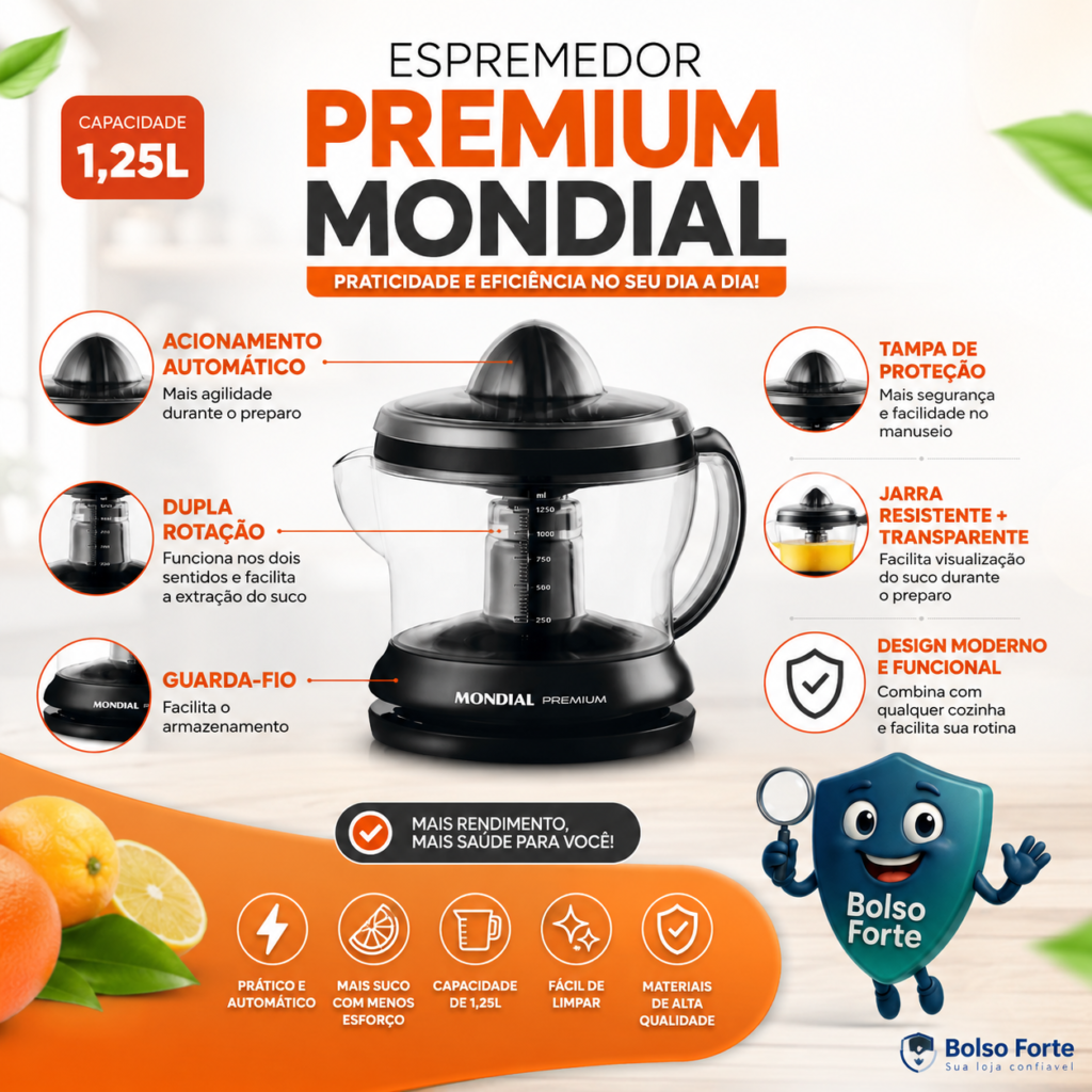 Destaca-se Imagem Ilustrativa e Detalhada do Espremedor Premium Mondial 30W E-02