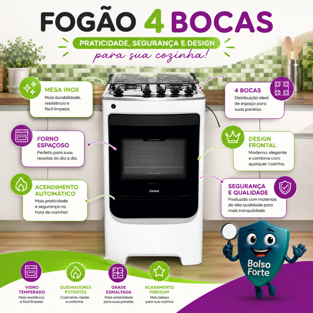 Destaca-se Imagem Ilustrativa e Detalhada do Fogão 4 Bocas com Acendimento Automático Consul