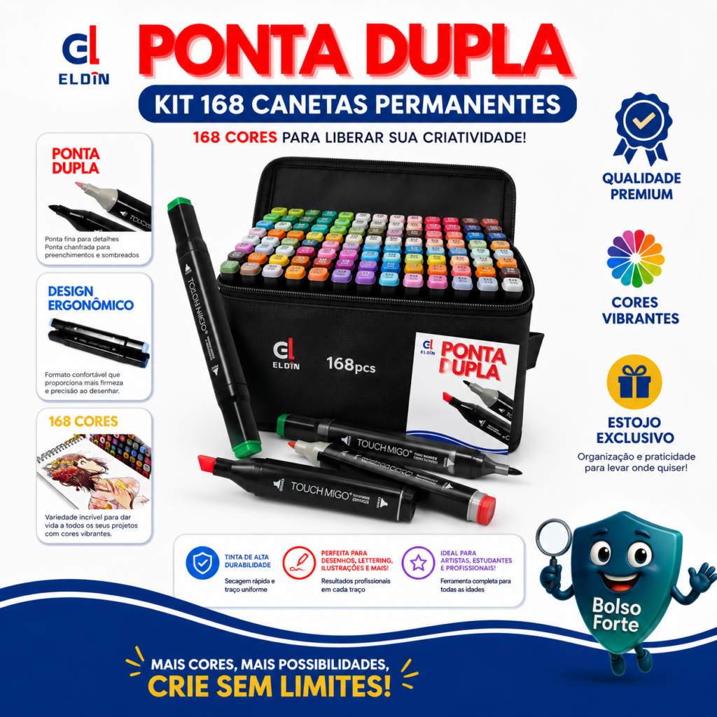 Destaca-se Imagem Ilustrativa e Detalhada do Kit 168 Canetas Permanentes de Ponta Dupla com Estojo