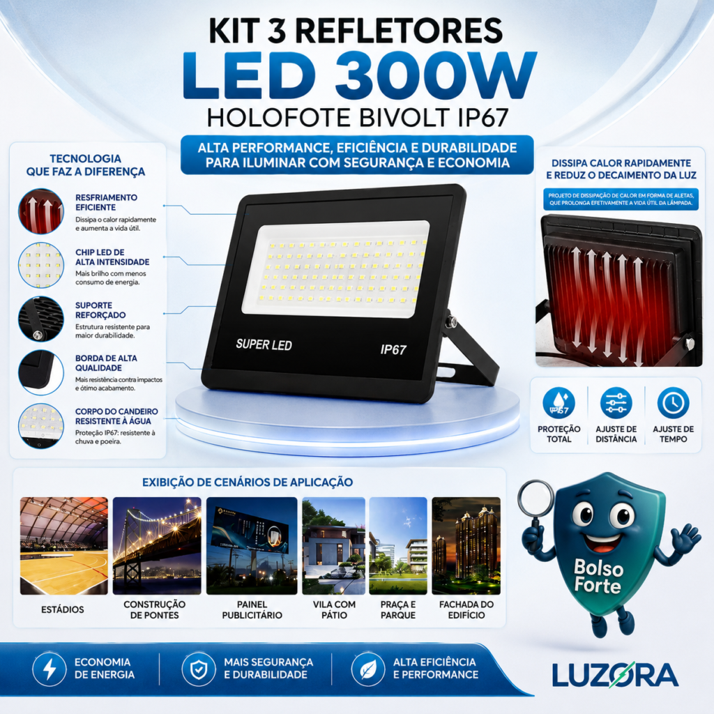 Kit 3 Refletor de Led 300w Holofote Bivolt Pro Destaca-se Imagem Ilustrativa e Detalhada do Kit 3 Refletor de Led 300w Holofote Bivolt