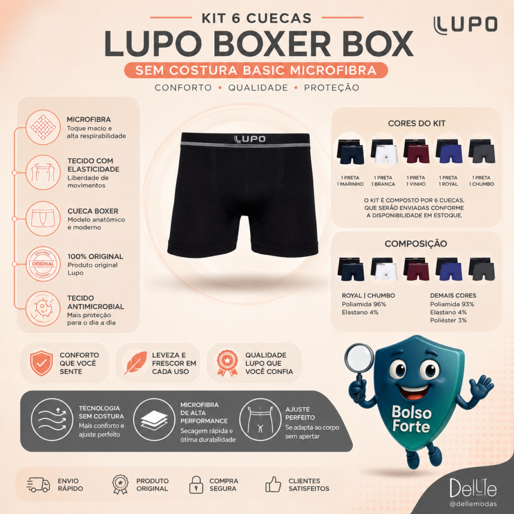 Destaca-se Imagem Ilustrativa e Detalhada do Kit 6 Cuecas Lupo