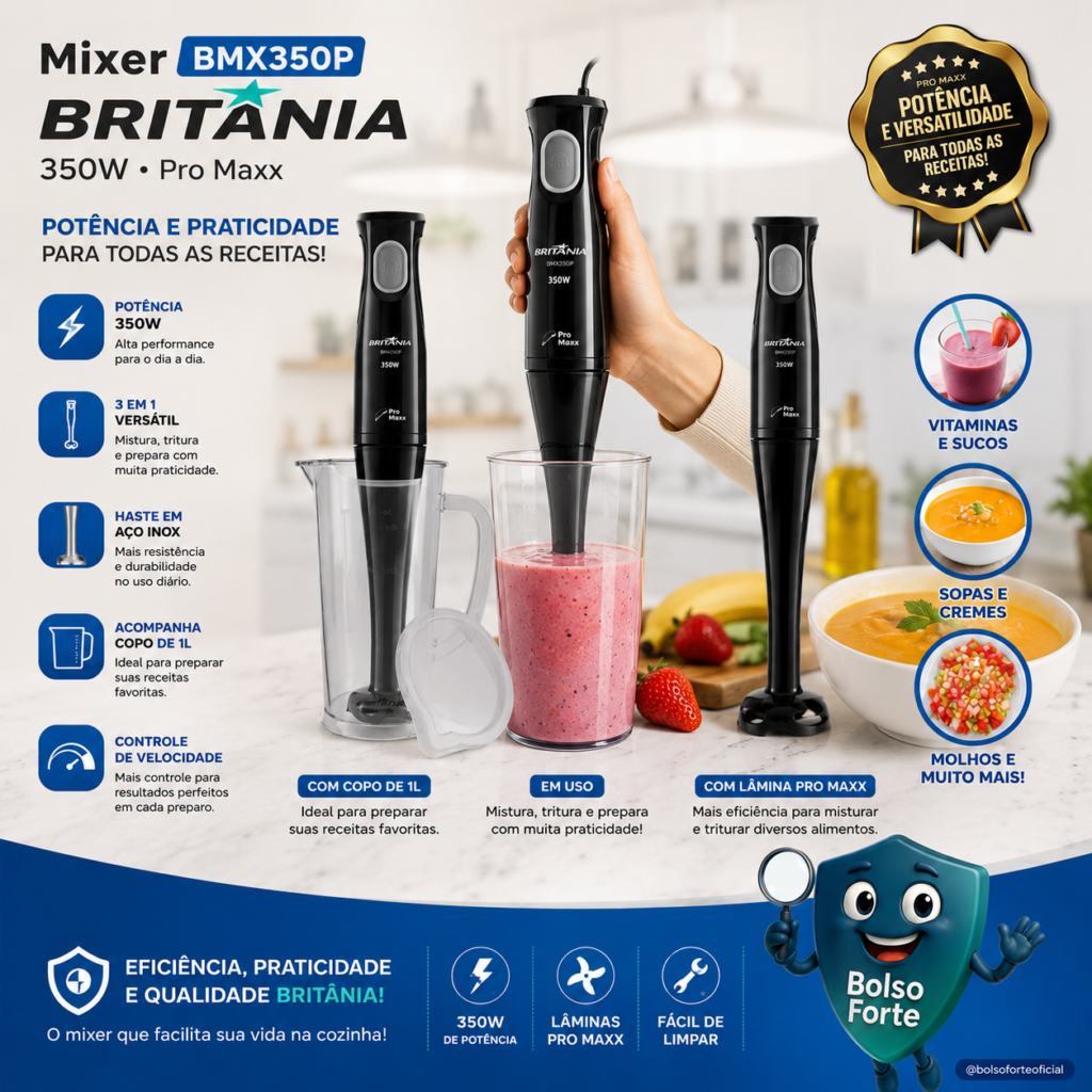 Destaca-se Imagem Ilustrativa e Detalhada do Mixer Bmx350p Preto Com Lâminas Pro Maxx 350w Britânia