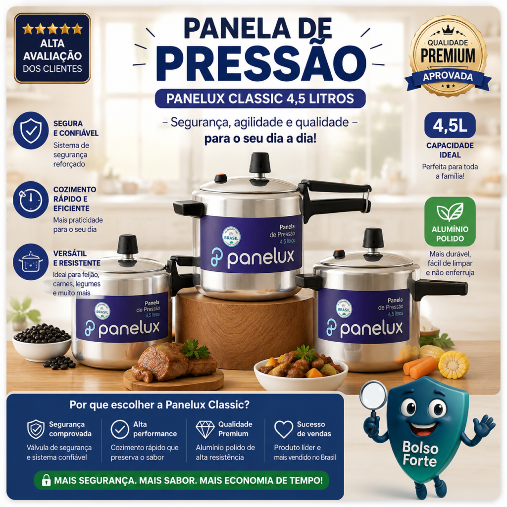 Destaca-se Imagem Ilustrativa e Descritiva da Panela De Pressão Panelux Classic 4,5 Litros