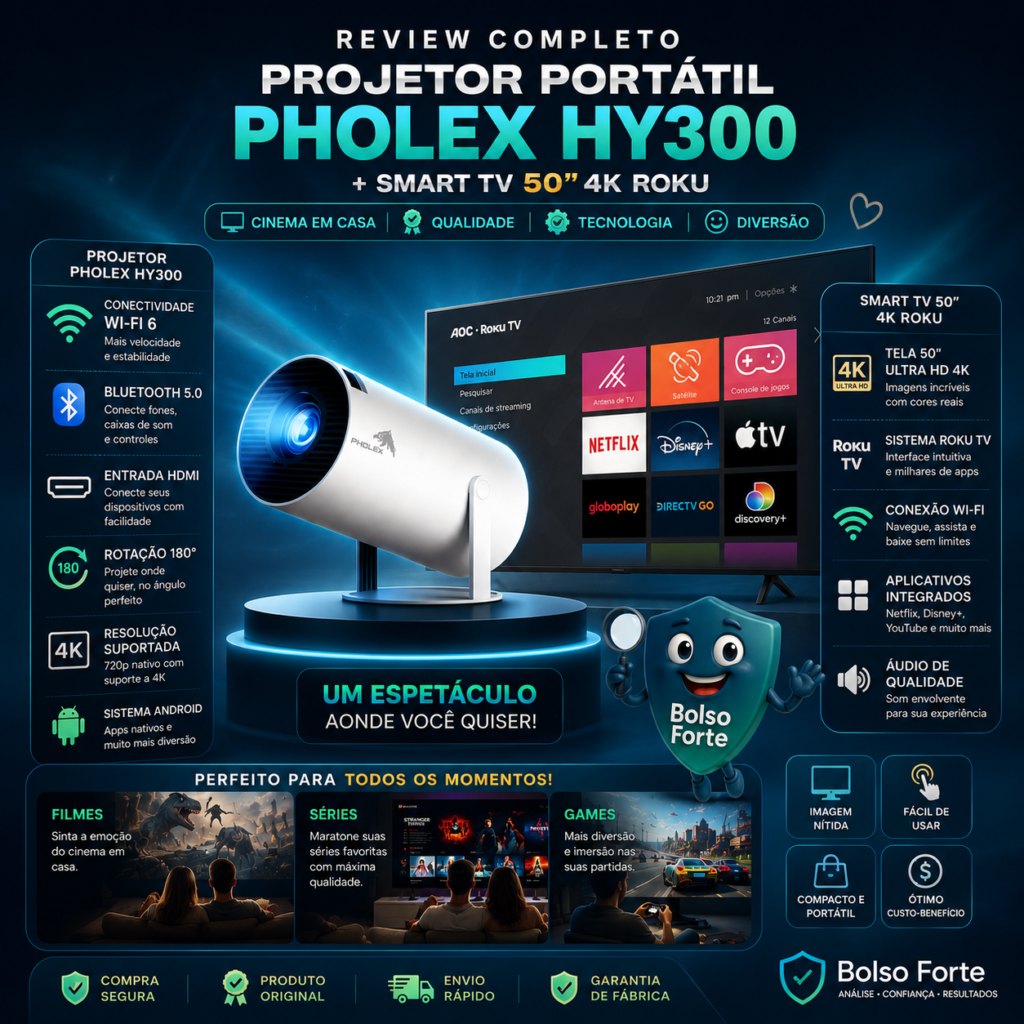 Smart TV AOC 50 4K vs. Projetor Smart 4K Pro Destaca-se Imagem Ilustrativa e Detalhada da Smart TV AOC 50" 4K e Projetor Smart 4K