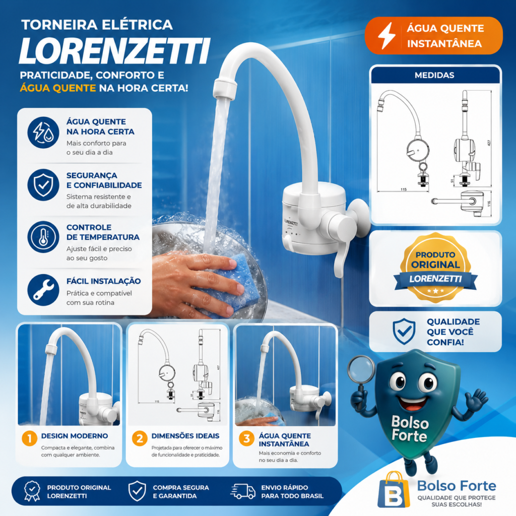 Destaca-se Imagem Ilustrativa e Detalhada da Torneira Elétrica De Parede Loren Easy Lorenzetti