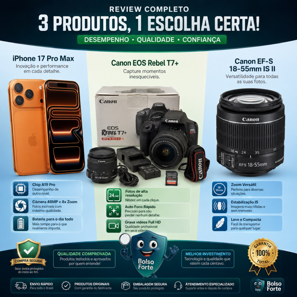 iPhone 17 Pro Max vs Canon EOS Rebel Kit T7 18-55mm II DSLR Pro Destaca-se Imagem Ilustrativa e Detalhada do iPhone 17 Pro Max vs Canon EOS Rebel T7