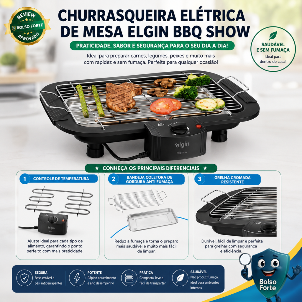 Churrasqueira Elétrica De Mesa Elgin Pro Destaca-se Imagem Ilustrativa e Detalhada da Churrasqueira Elétrica De Mesa Elgin