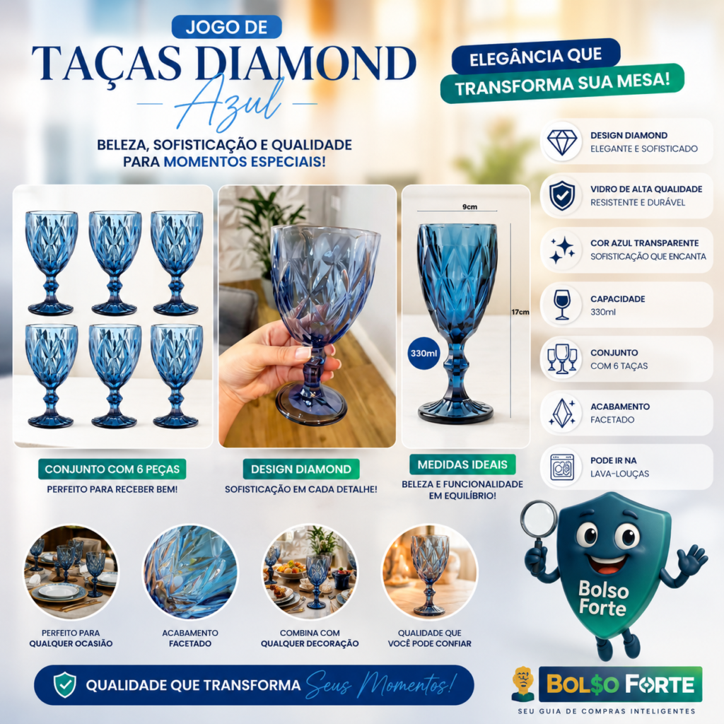 Destaca-se Imagem Ilustrativa e Detalhada do Jogo 6 Taças Diamond Azul Vidro 330ml